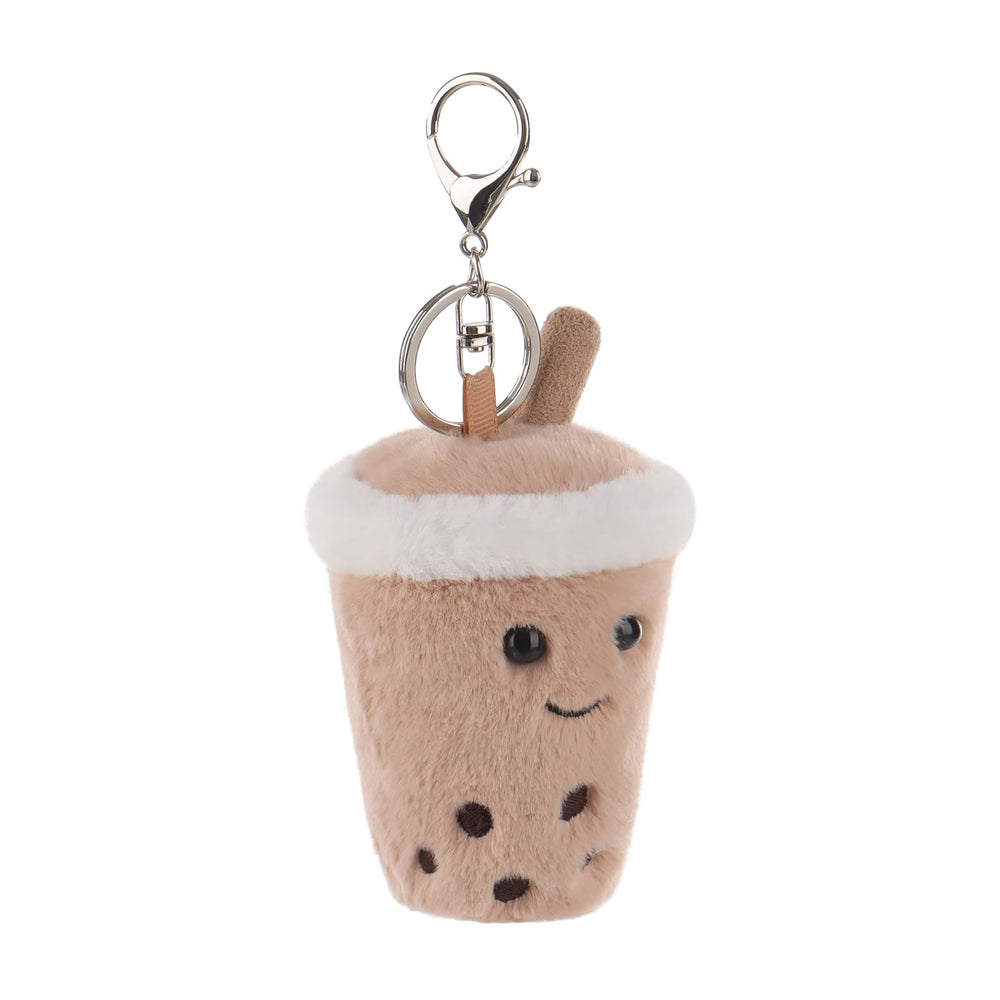 Apricot Lamb Boba Tea plush hanging view suggests cute backpack decor.