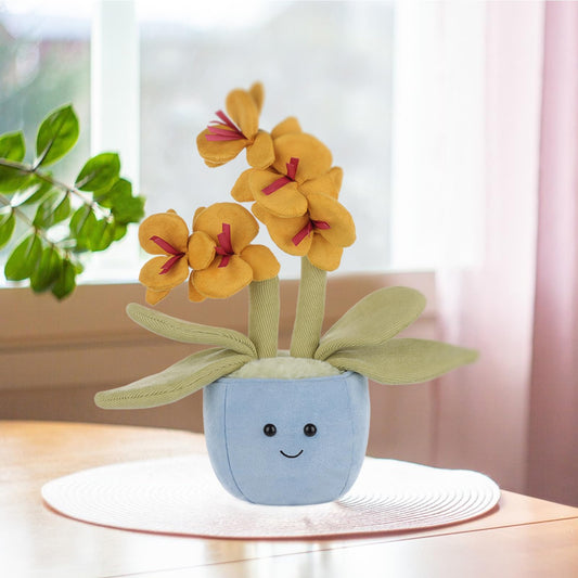Apricot Lamb potted butterfly orchid plush side view, portable comfort.