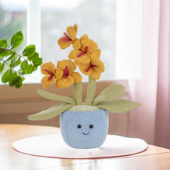 Apricot Lamb potted butterfly orchid plush side view, portable comfort.