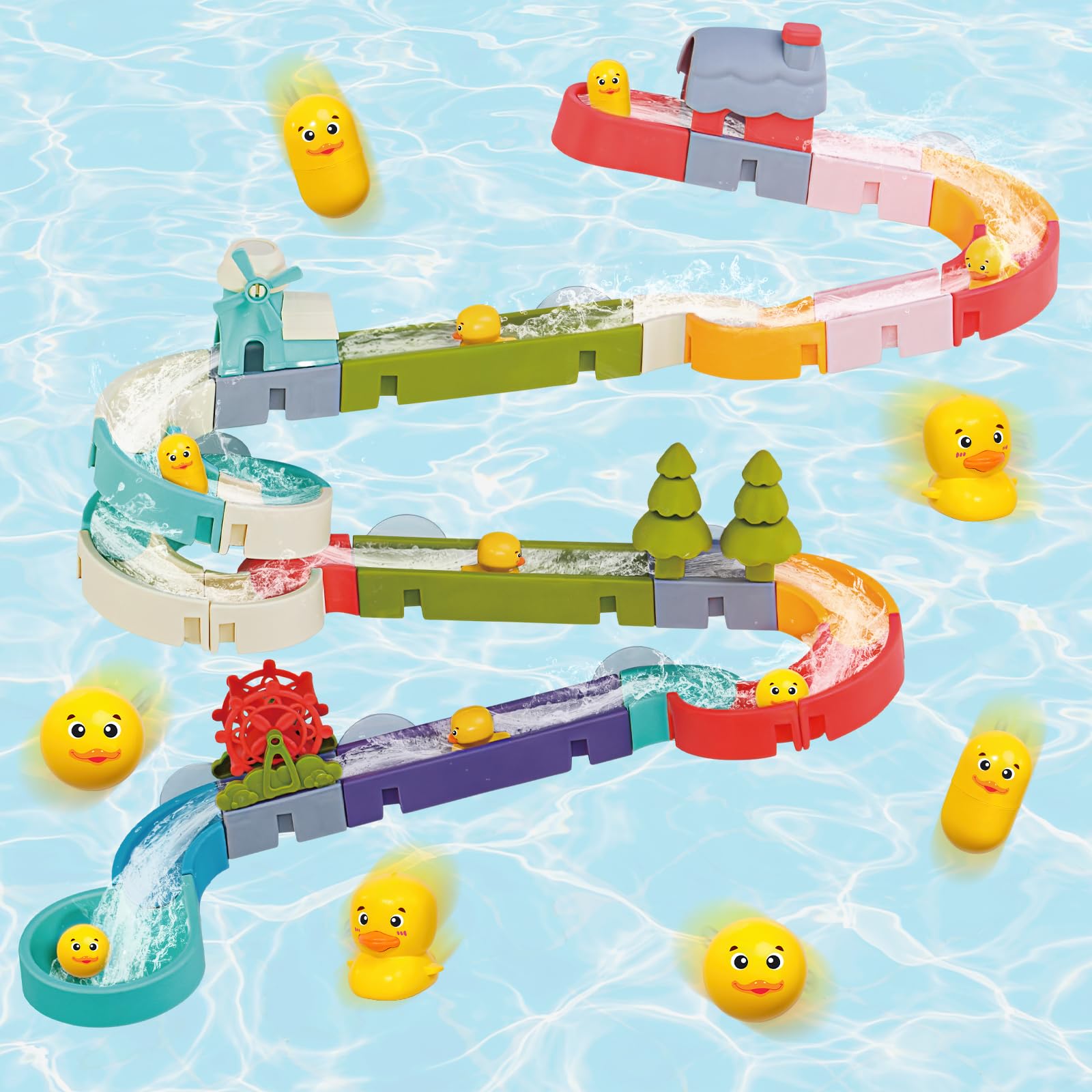 Aprilwolf Duck Slide wall-track assembly for on-wall bath play and focus.