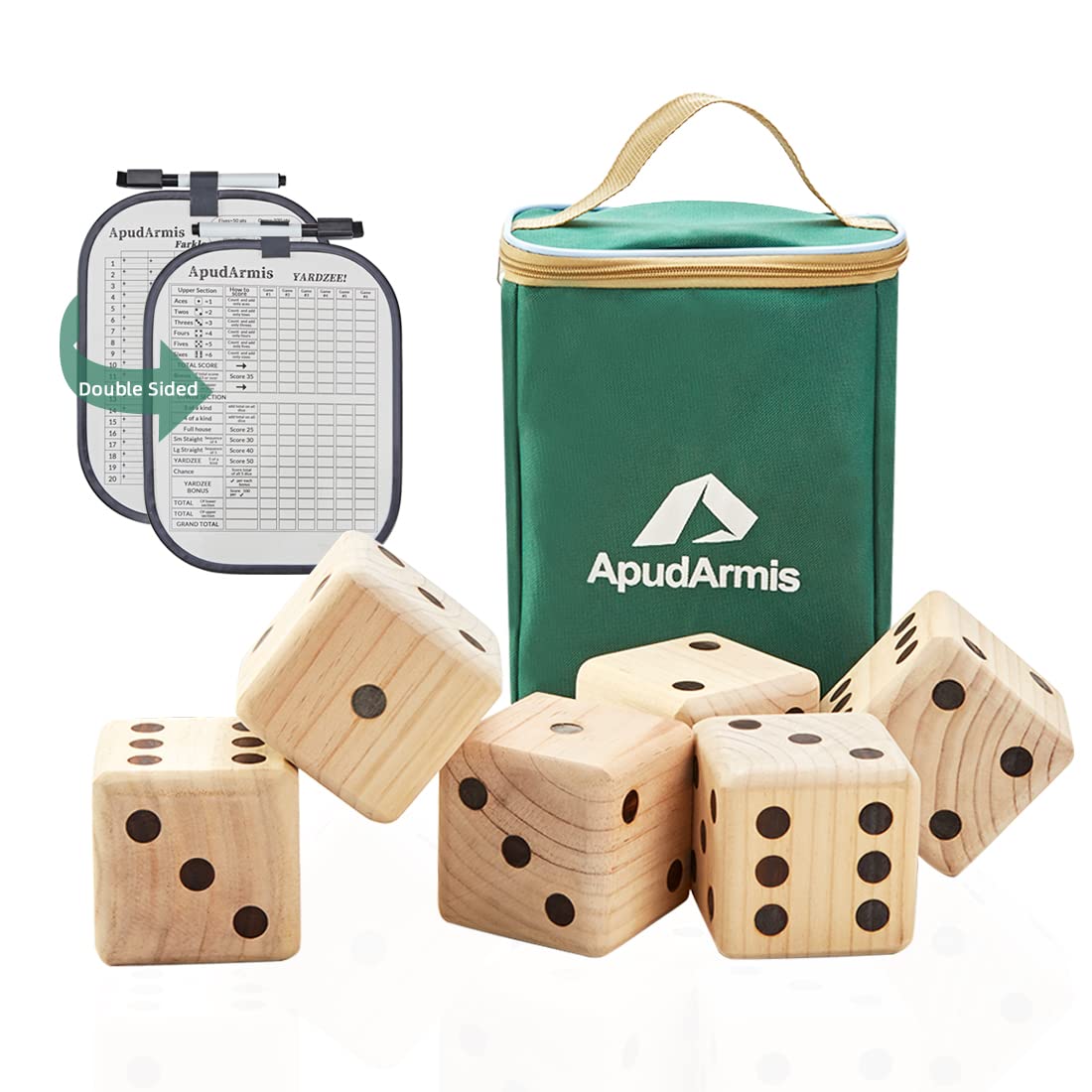 ApudArmis giant-dice-6-dice-set: six wooden dice ideal for backyard games.