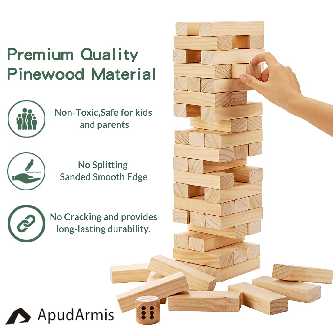 ApudArmis tumble tower dice for customizable rules and added excitement.