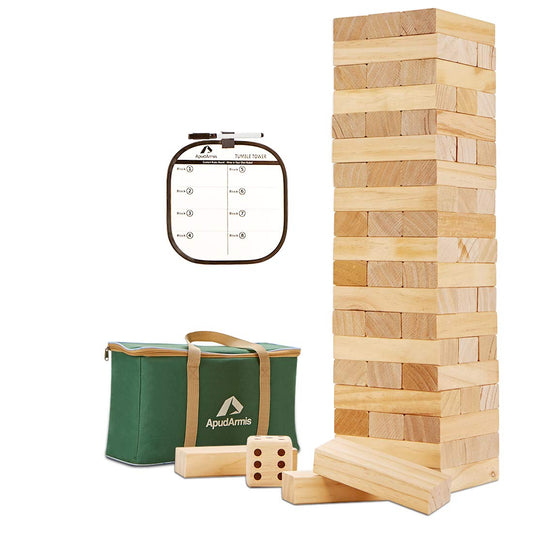 ApudArmis tumble tower with 60 blocks enhances family bonding and strategic play.