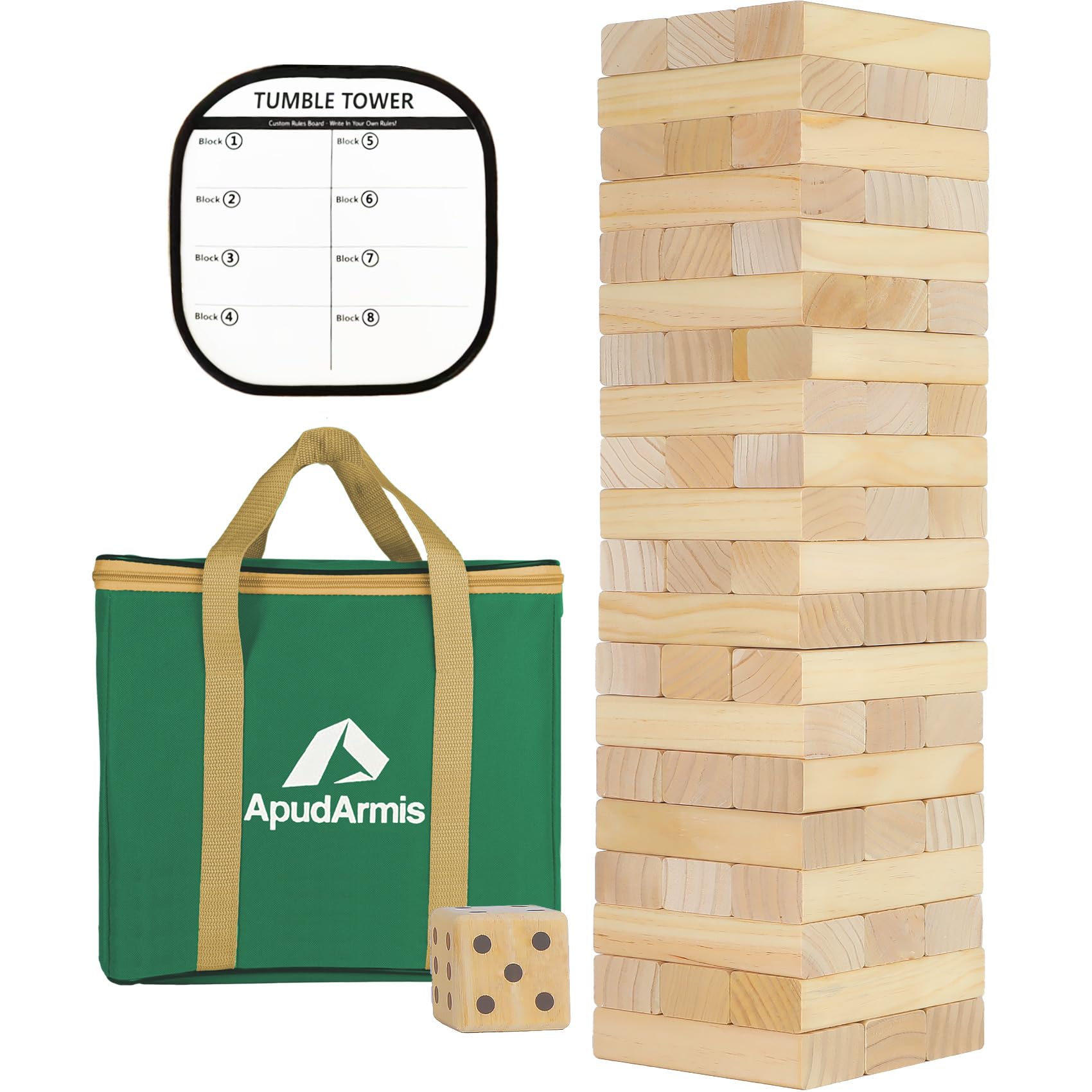 ApudArmis giant tumble tower setup shows a backyard centerpiece for family fun.