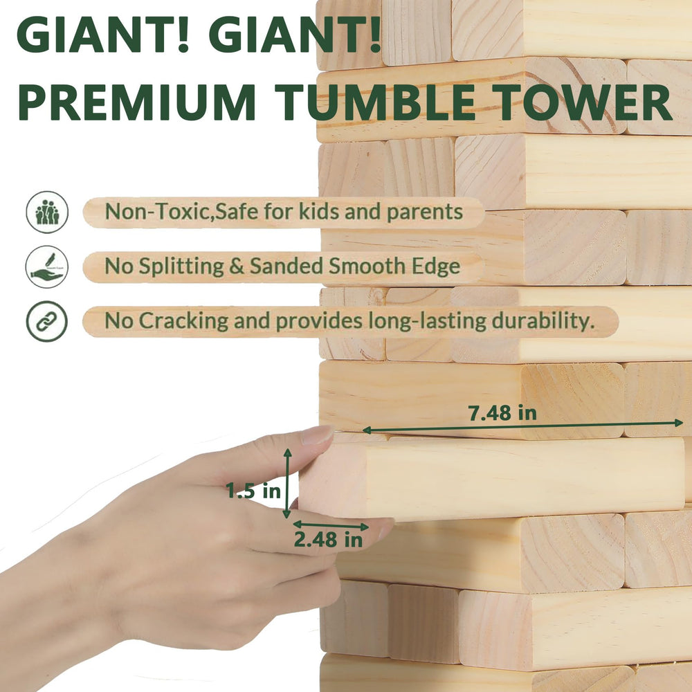 ApudArmis giant tumble tower with dice and scoreboard for customizable rules.