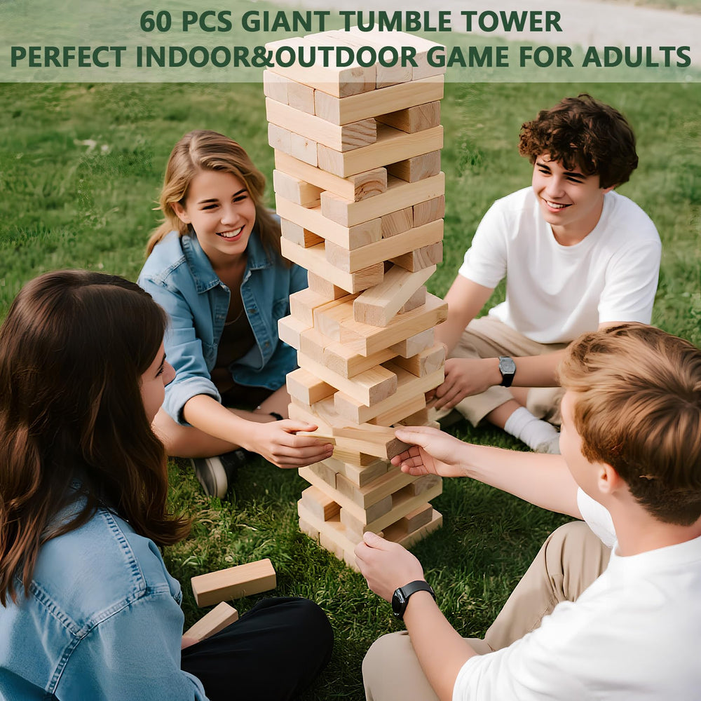 ApudArmis giant tumble tower outdoor indoor game in a sunny backyard.