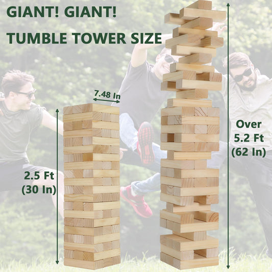 ApudArmis giant tumble tower wooden blocks close-up highlighting smooth edges and durable pine.