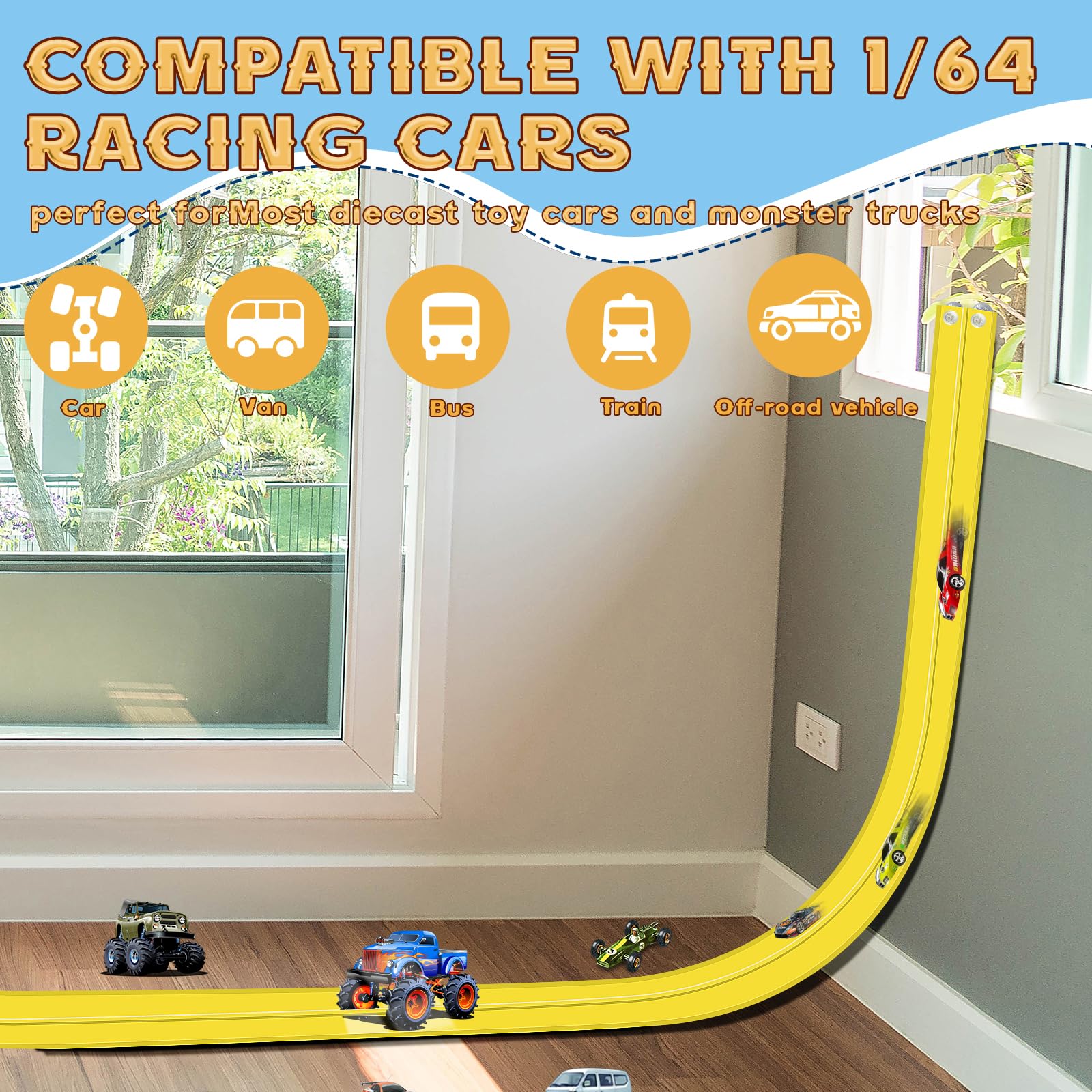 AQFR Flex Track diecast compatibility lets you race popular 1/64 scale cars.