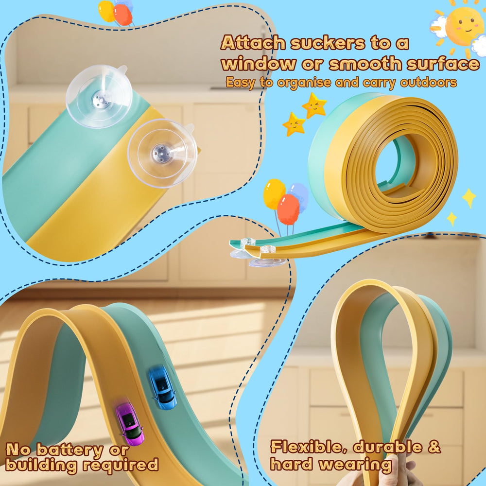 AQFR track sticks to windows and surfaces for vertical play.
