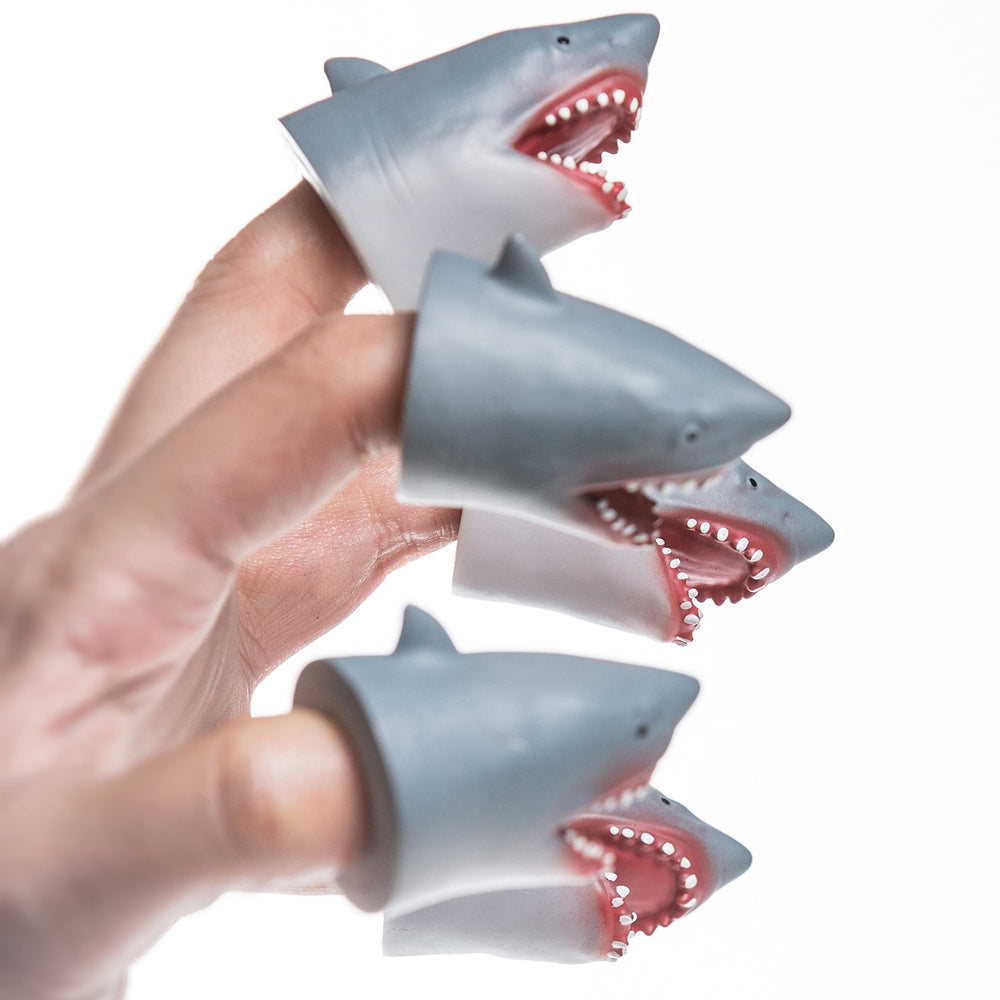 AQKILO Shark finger puppet close-up highlighting non-toxic material