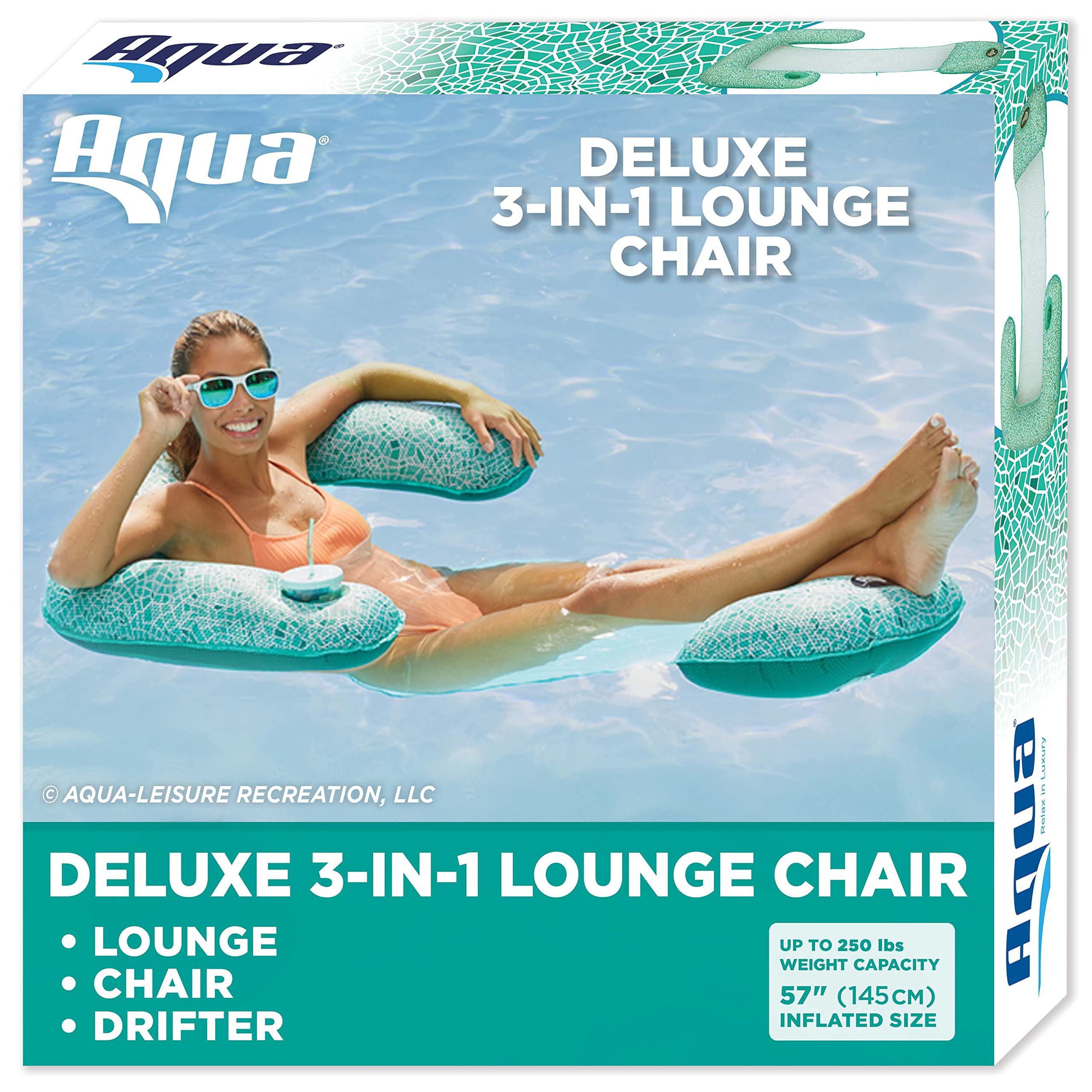 Aqua LEISURE Aqua Mosaic 3-in-1 lounge chair on water with cooling mesh design.