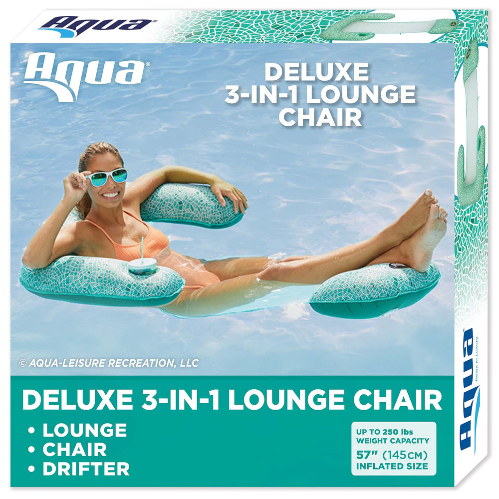 Aqua LEISURE Aqua Mosaic 3-in-1 lounge chair on water with cooling mesh design.