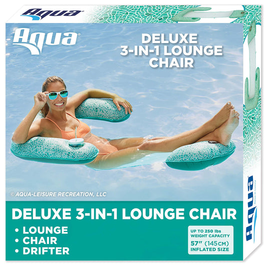 Aqua LEISURE Aqua Mosaic 3-in-1 lounge chair on water with cooling mesh design.