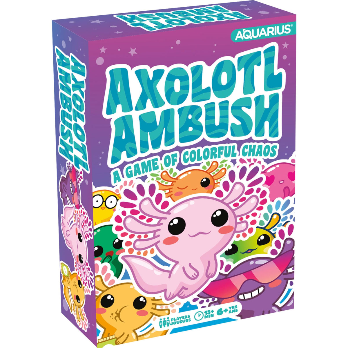 AQUARIUS Axolotl Ambush front cover showing colorful axolotls for family game night