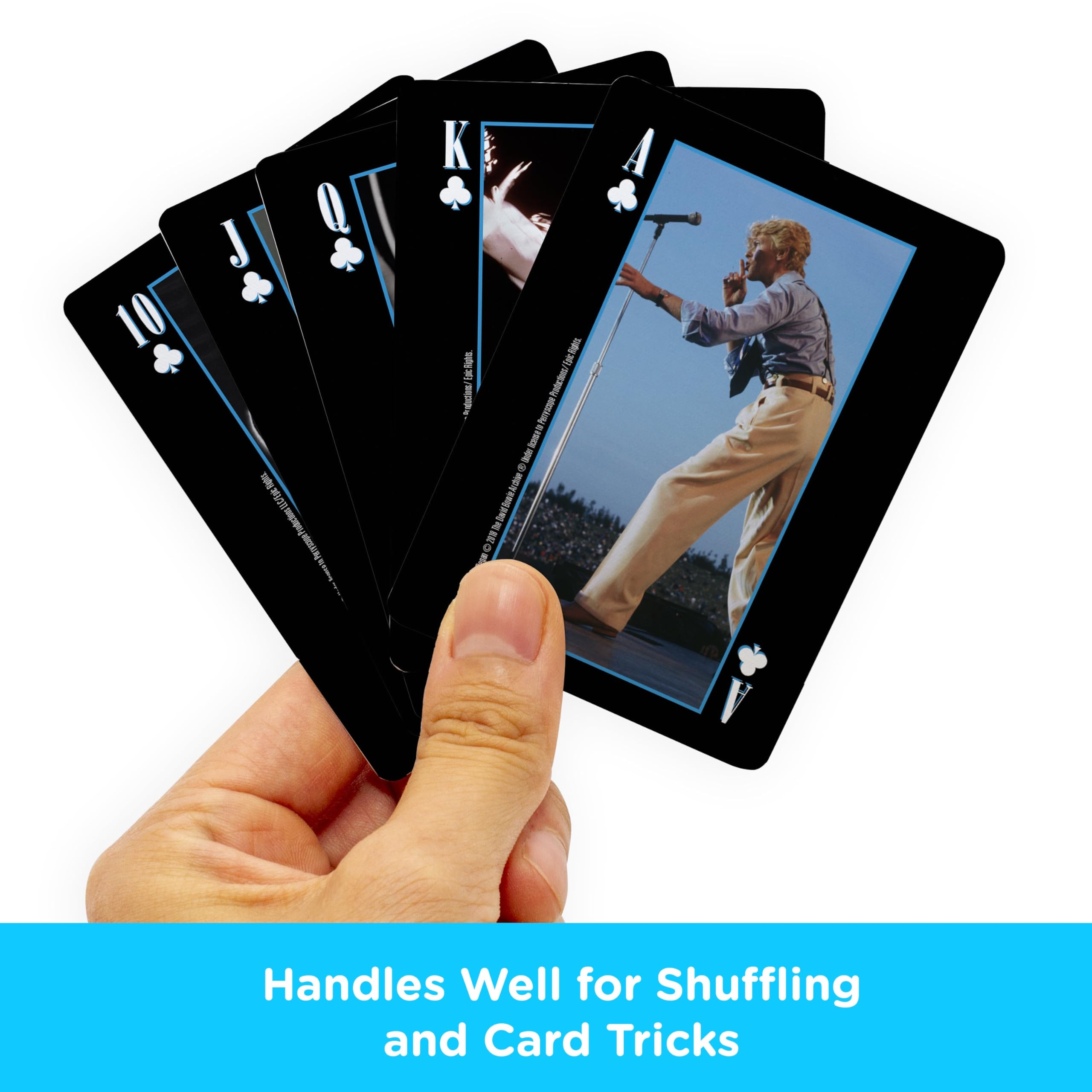 AQUARIUS illustrated Bowie-era figures across card faces for display.