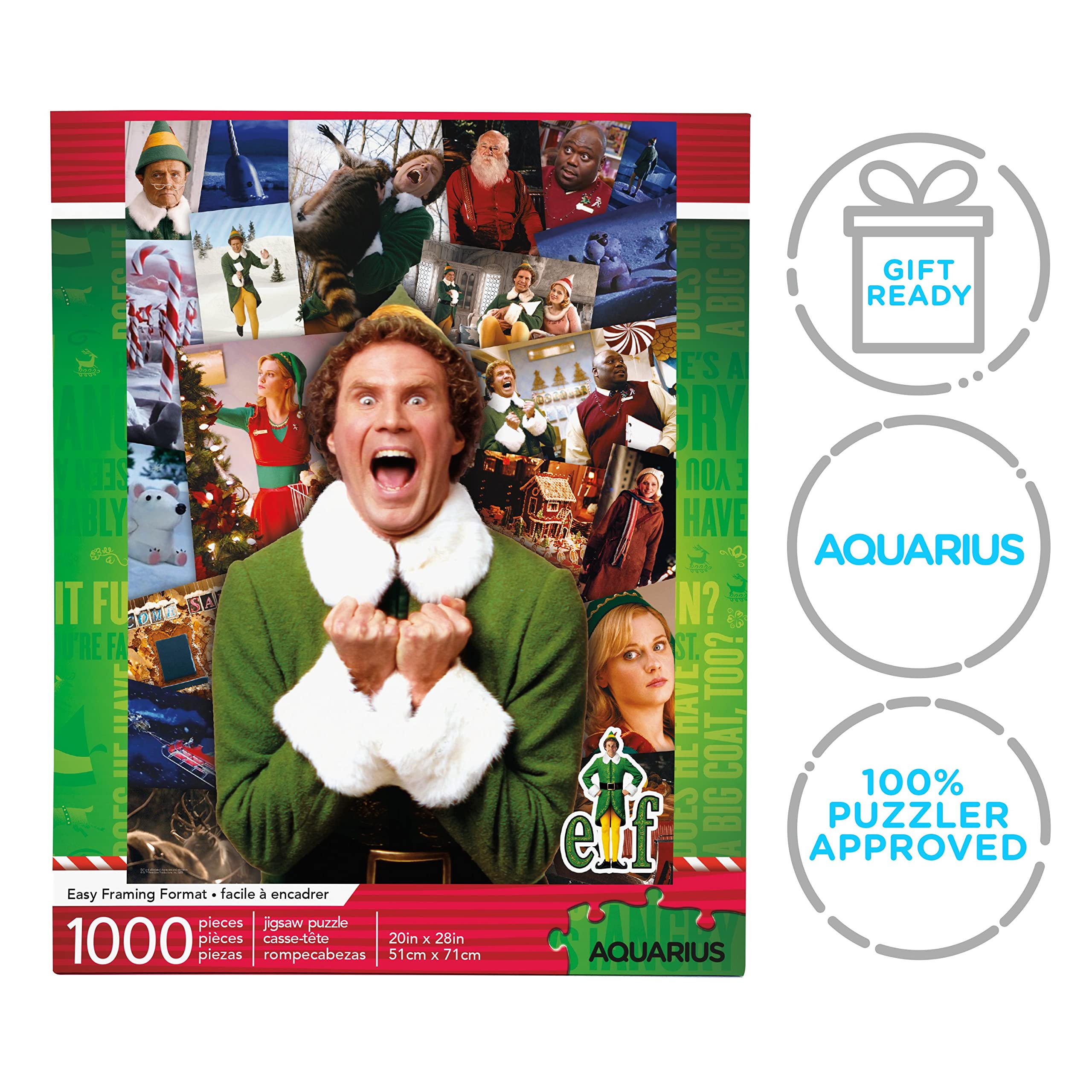 AQUARIUS Elf Collage Puzzle 20 x 28 inches finished scene beside the box