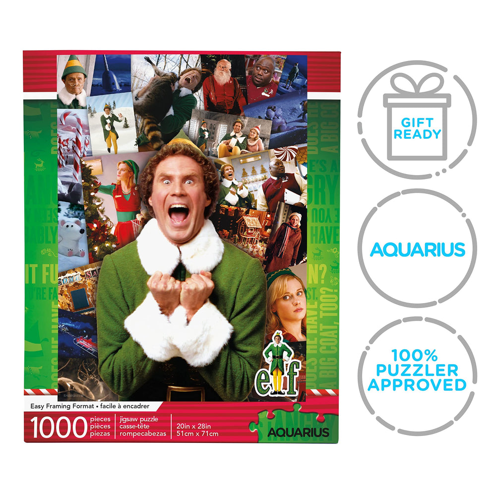 AQUARIUS Elf Collage Puzzle 20 x 28 inches finished scene beside the box