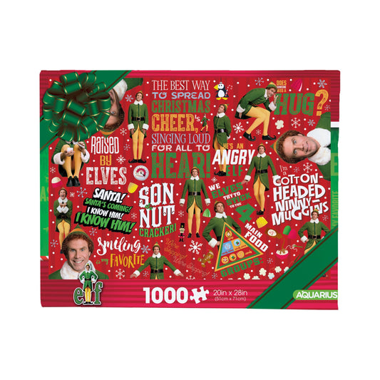 AQUARIUS Elf Wrapping Paper 1000-Piece Puzzle featuring Buddy, ideal for festive gifting.