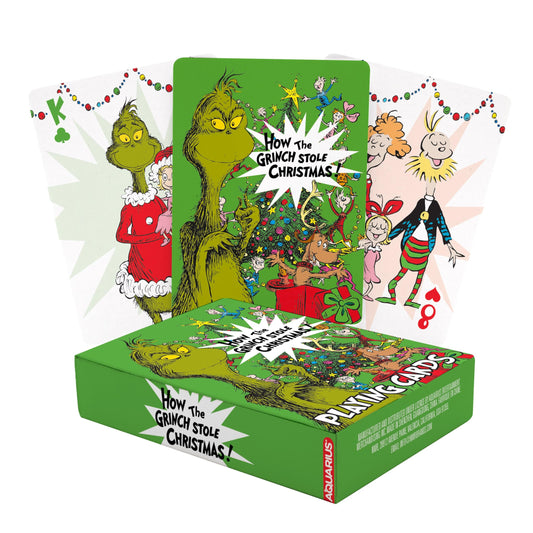 Aquarius Grinch playing cards cover image featuring festive Grinch artwork for family game night.