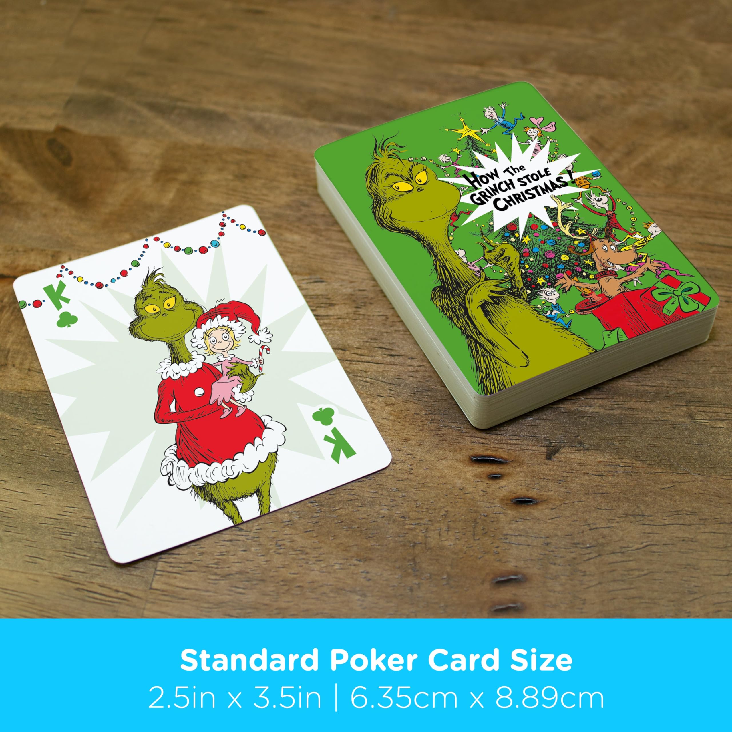 Aquarius Grinch playing cards deck in action image demonstrates quick setup for game night.