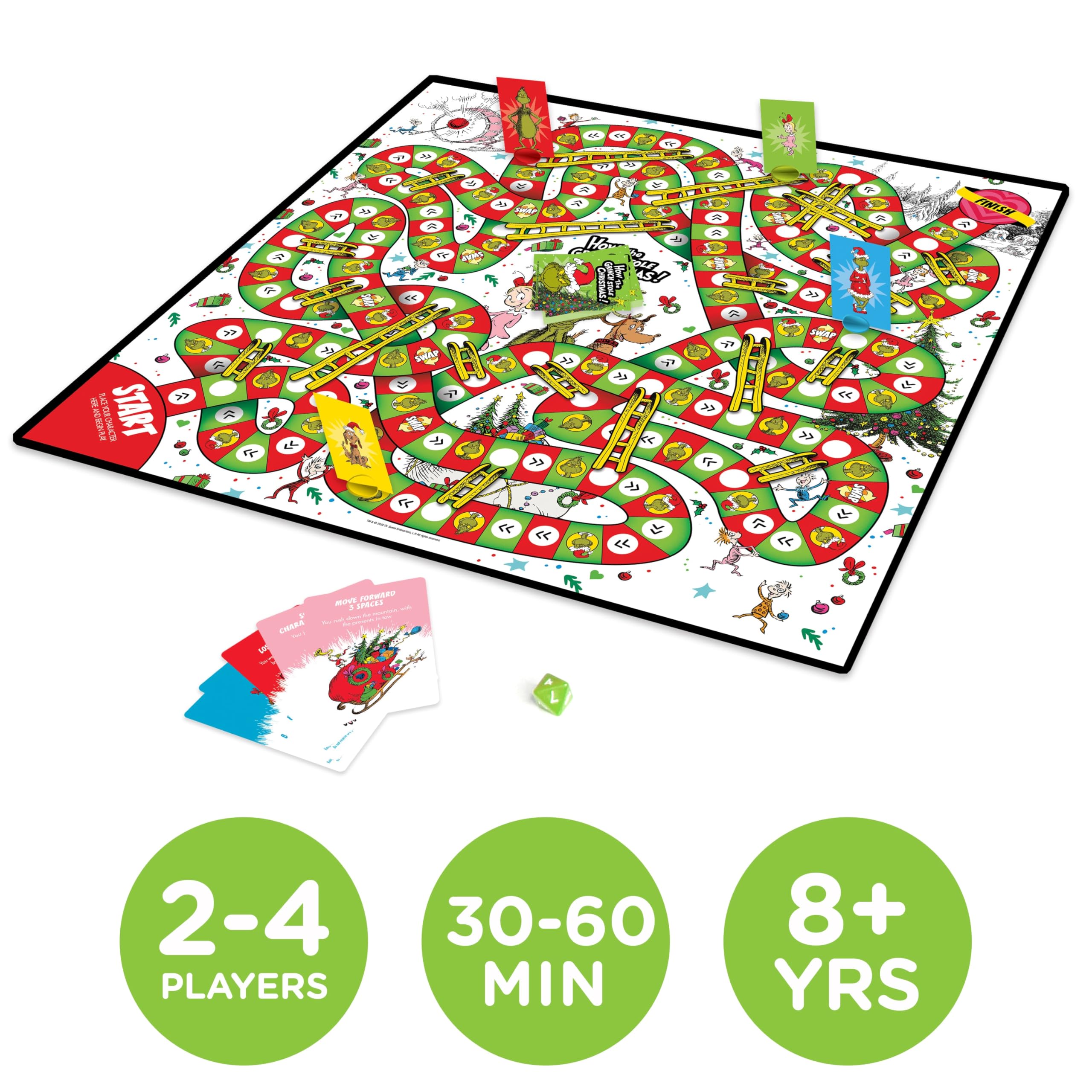 AQUARIUS Grinchmas Journey game board layout showing colorful paths and cozy holiday vibes