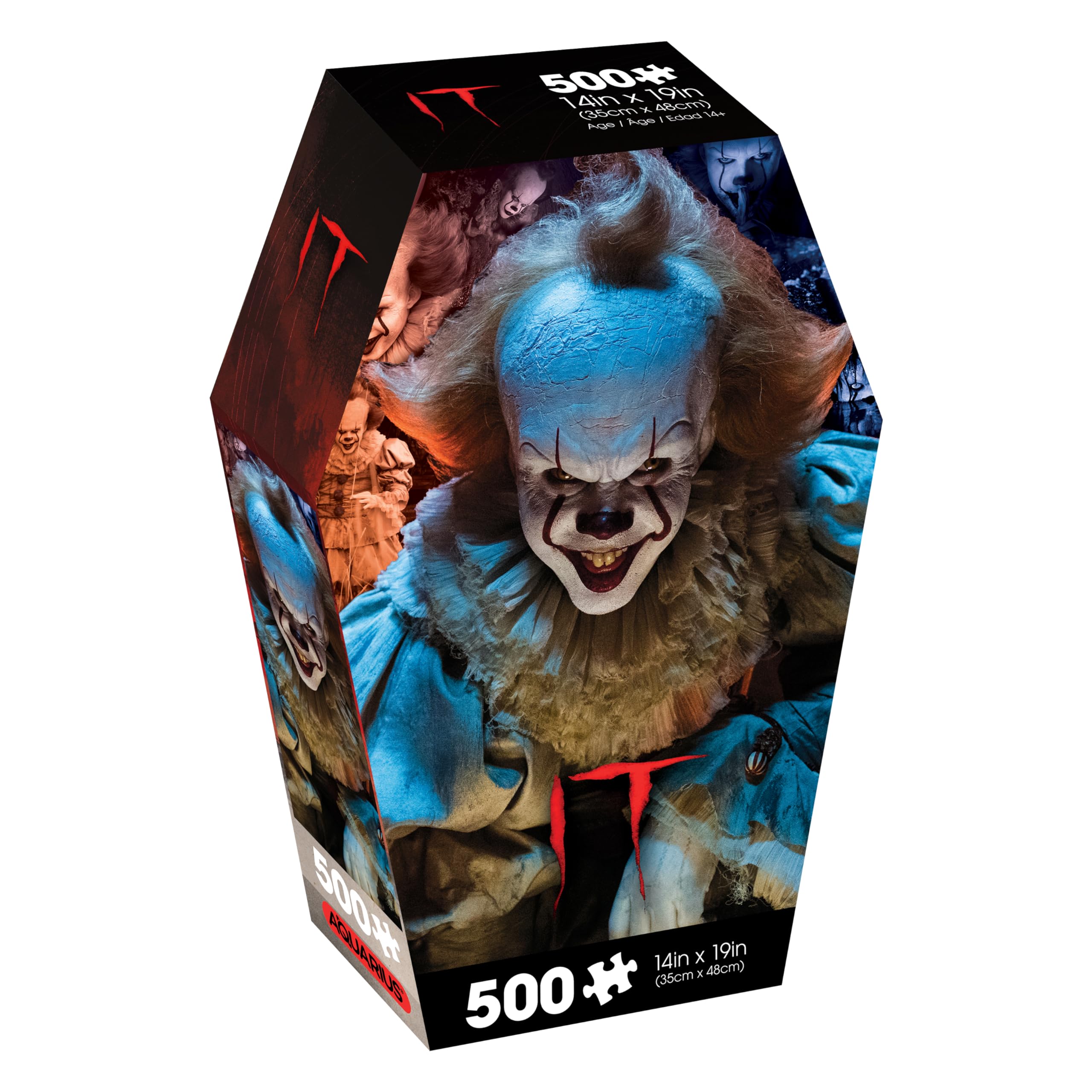 Aquarius IT Pennywise 500pc puzzle in coffin box with poster, ideal for horror fans.