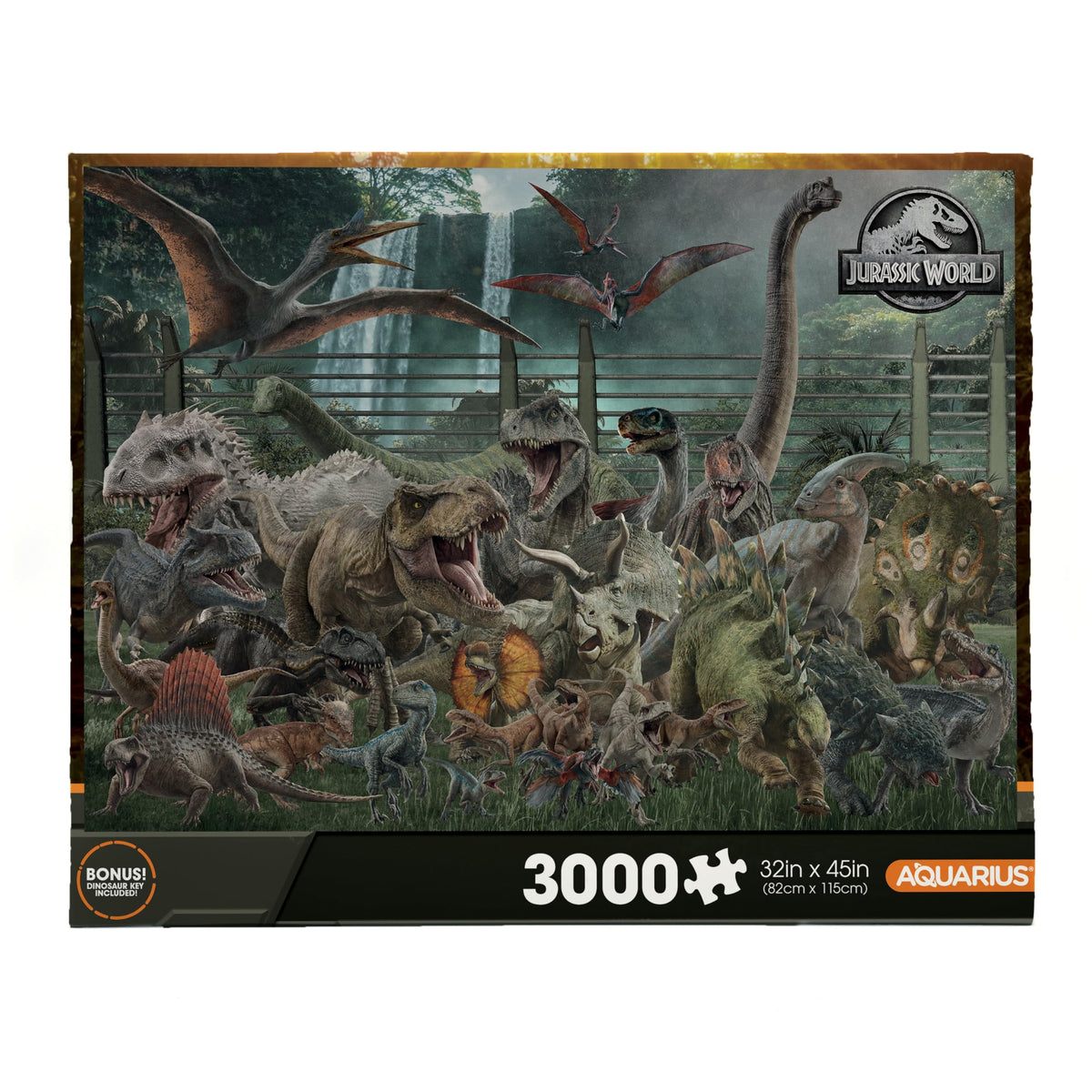 Aquarius Jurassic World 3000pc puzzle cover with dinosaurs and size chart for family puzzling