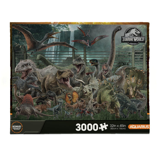 Aquarius Jurassic World 3000pc puzzle cover with dinosaurs and size chart for family puzzling