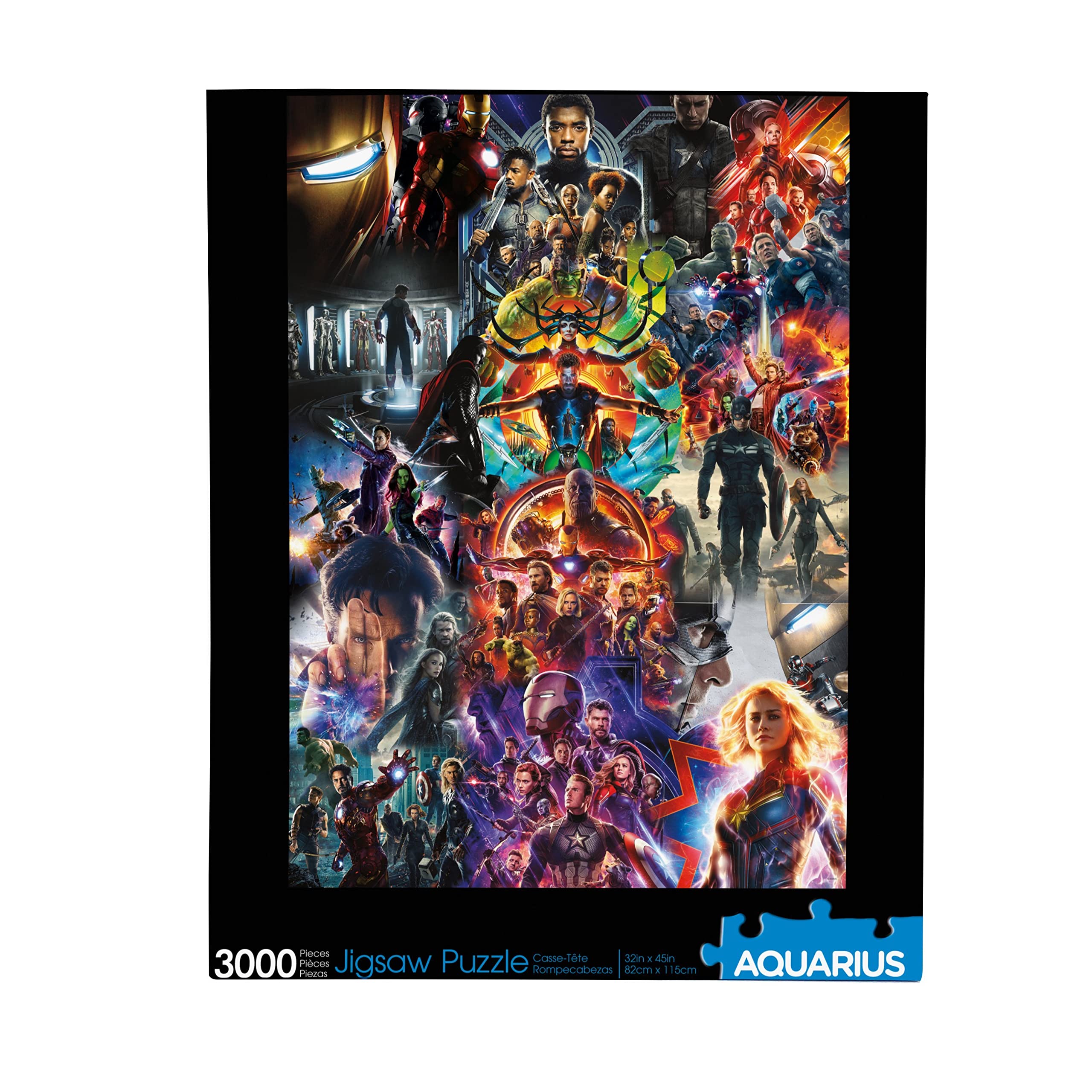 Aquarius Marvel collage puzzle front showing vibrant MCU posters for collectors