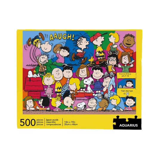 Aquarius Peanuts Gang Puzzle box art featuring Snoopy and friends for collectible display.
