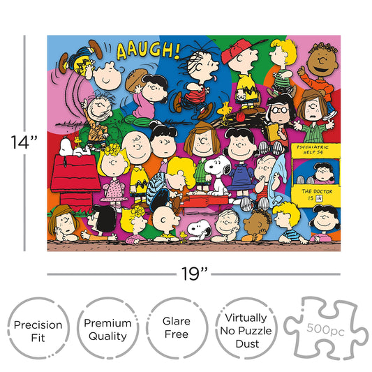 Aquarius Peanuts Gang Puzzle shows Peanuts characters in full color, ideal for family evenings.