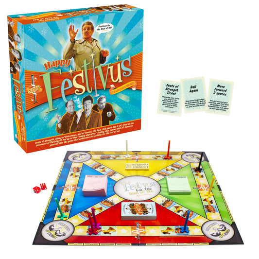 AQUARIUS Seinfeld Festivus board game box front, official Seinfeld merch for family game night.