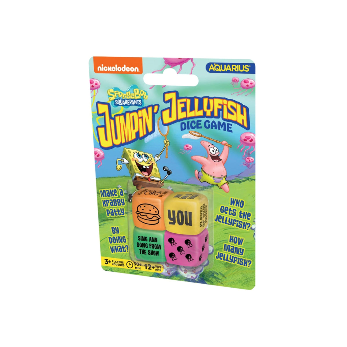 AQUARIUS SpongeBob jumping jellyfish dice game packaging, premium licensed fun for family game nights.