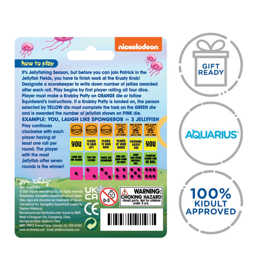 AQUARIUS SpongeBob jumping jellyfish dice game prompts on colorful cards for lively parties.