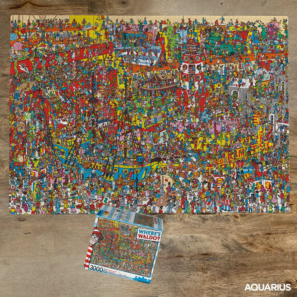 Aquarius Where’s Waldo 3000-piece puzzle completed image, vibrant details to admire.