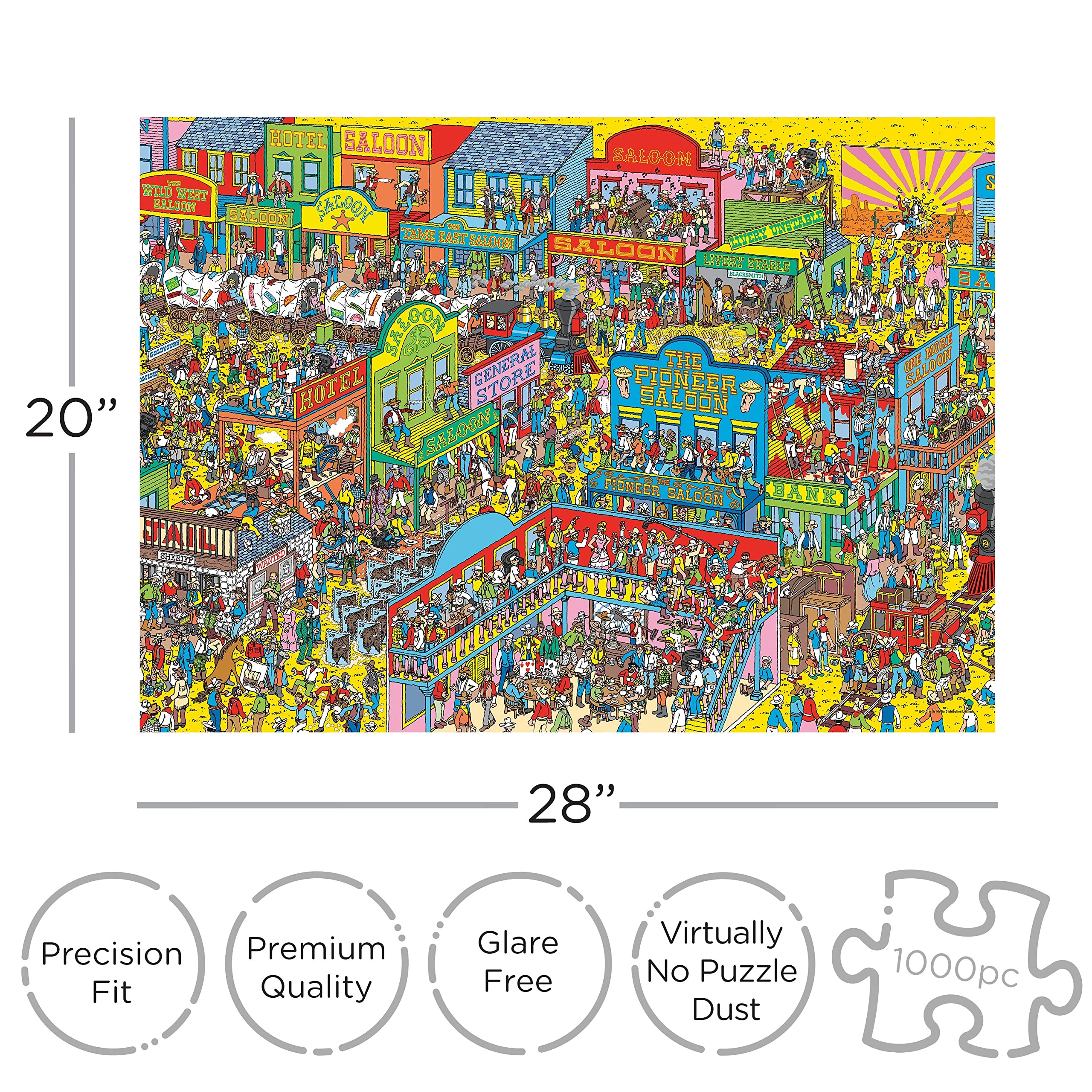 Aquarius Where's Waldo Wild West puzzle pieces spread for precise alignment