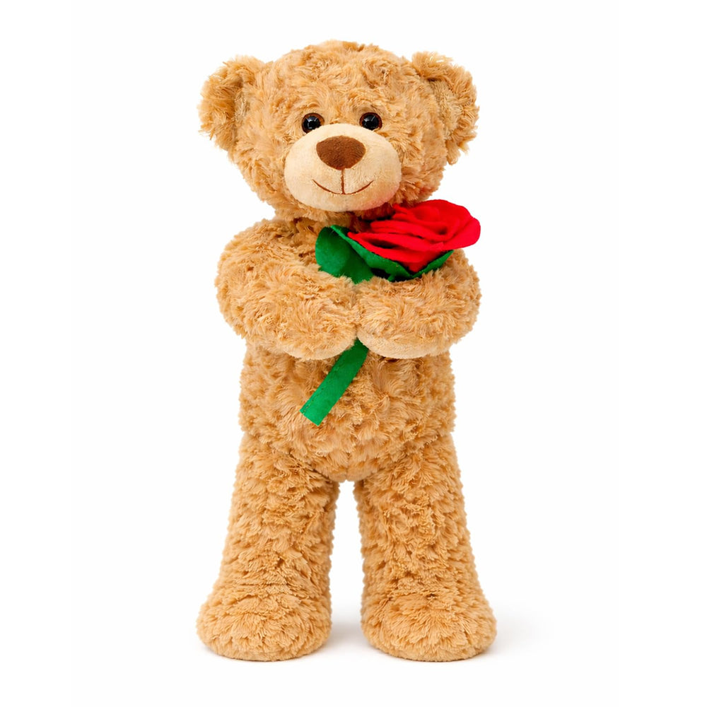Aqushymallow Cow teddy holds a red rose, perfect romantic gift.