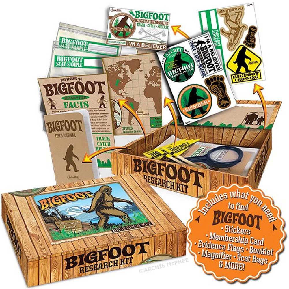 Archie McPhee Bigfoot Outdoor Research Kit box front view for curious explorers.