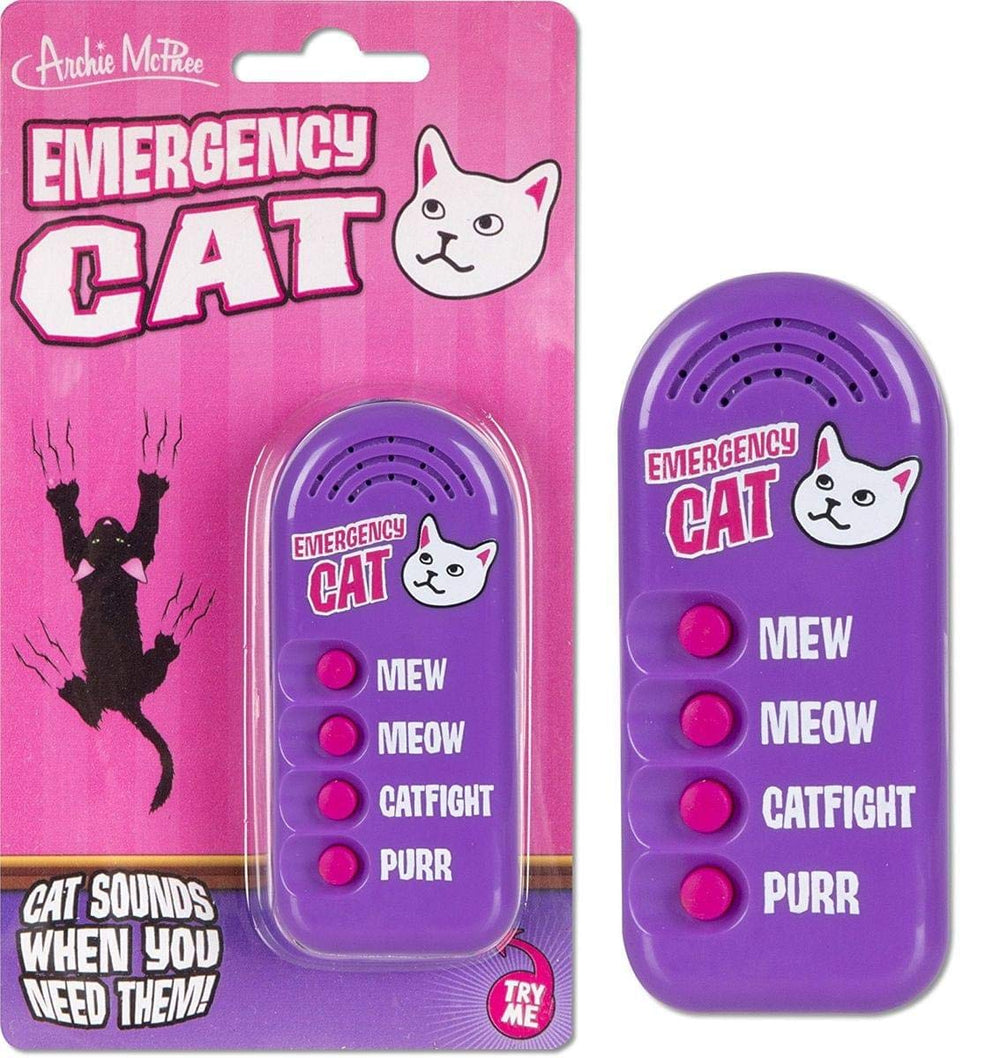 Archie McPhee Emergency Cat noisemaker back view showing button layout for quick play