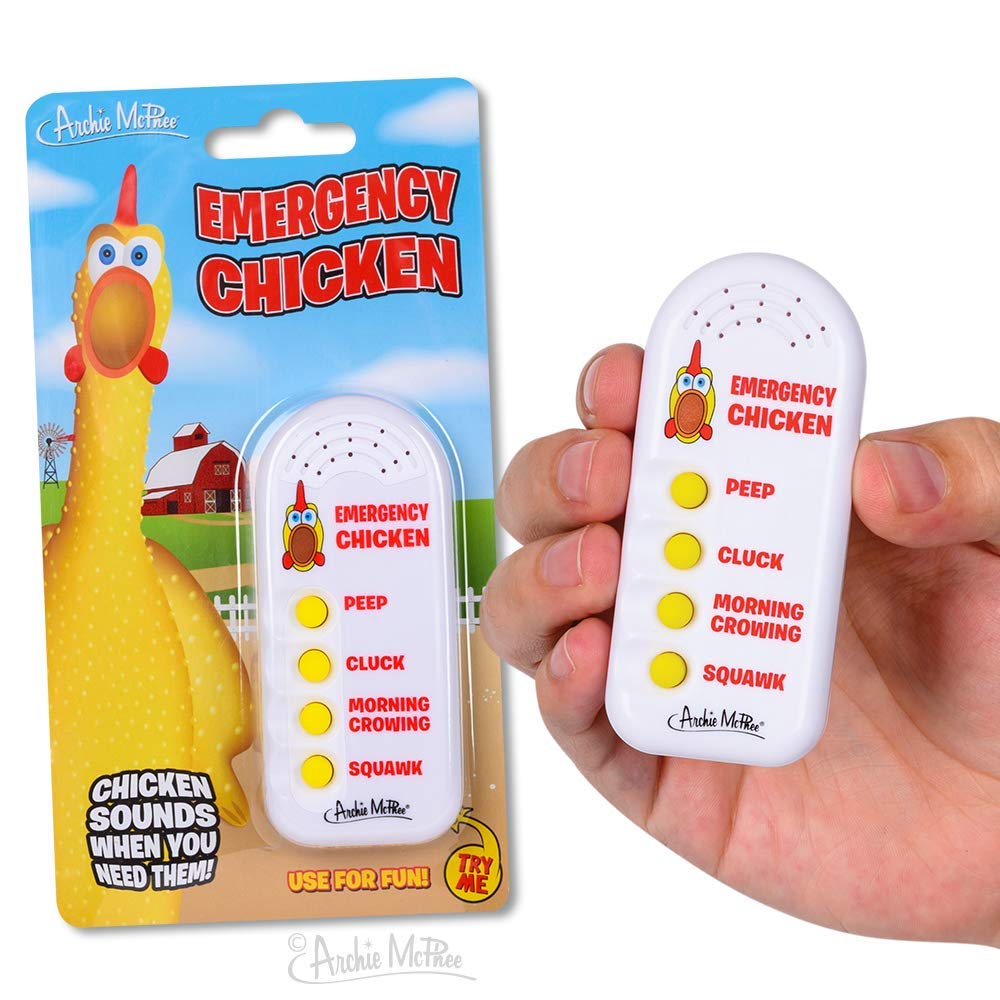 Archie McPhee Emergency Chicken electronic sound maker with four sounds for playful office pranks.