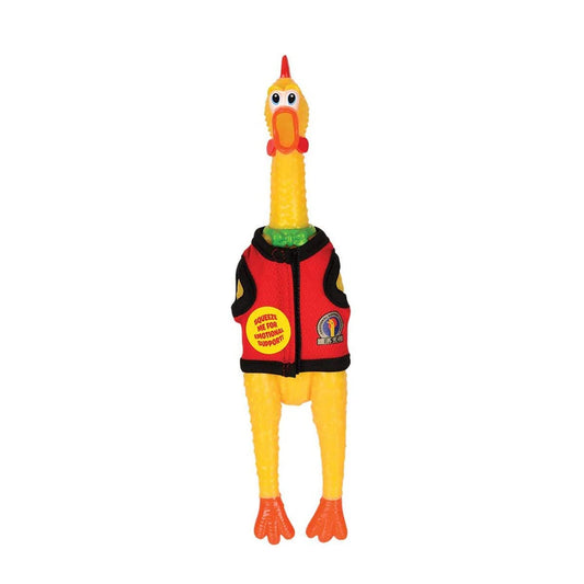 Archie McPhee Emotional Support Rubber Chicken wearing vest for fun desk companion