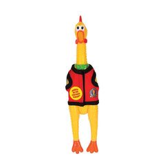 Archie McPhee Emotional Support Rubber Chicken wearing vest for fun desk companion