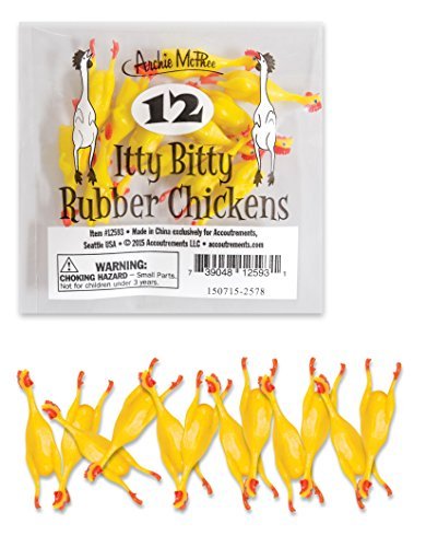 Archie McPhee Itty Bitty Rubber Chickens on a desk, a playful accent and conversation starter