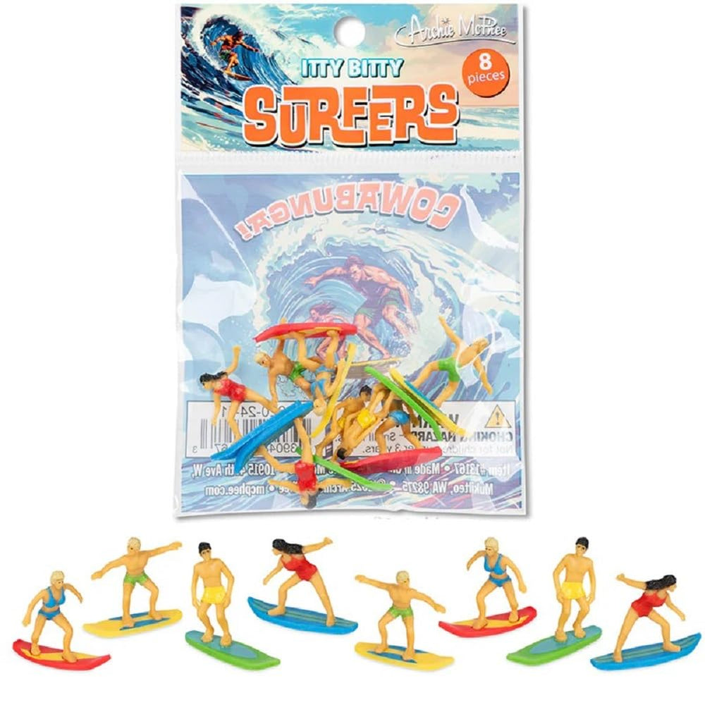Archie McPhee Itty Bitty Surfer figures: eight soft vinyl miniatures for desk fun.