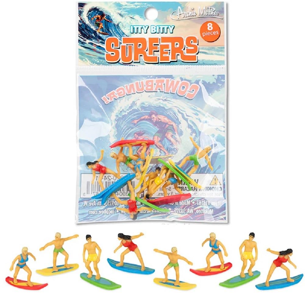 Archie McPhee Itty Bitty Surfer figures: eight soft vinyl miniatures for desk fun.
