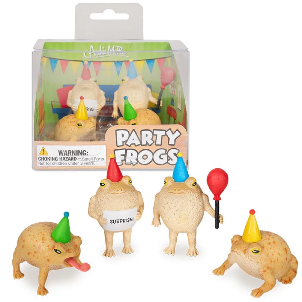 Archie McPhee mini party frogs four-pack with hats, ideal desk decor and playful gifts.