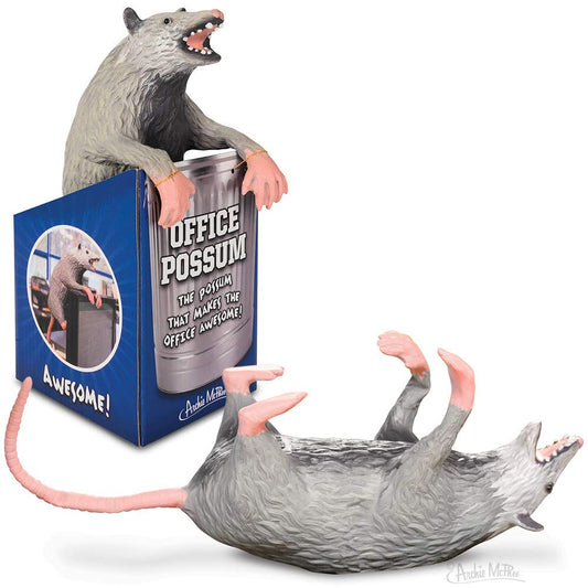 Archie McPhee Office Possum hanging on a trash can for playful desk decor