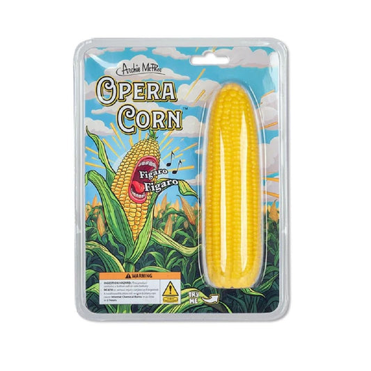 Archie McPhee opera-singing corn on the cob gag gift, a playful party centerpiece.
