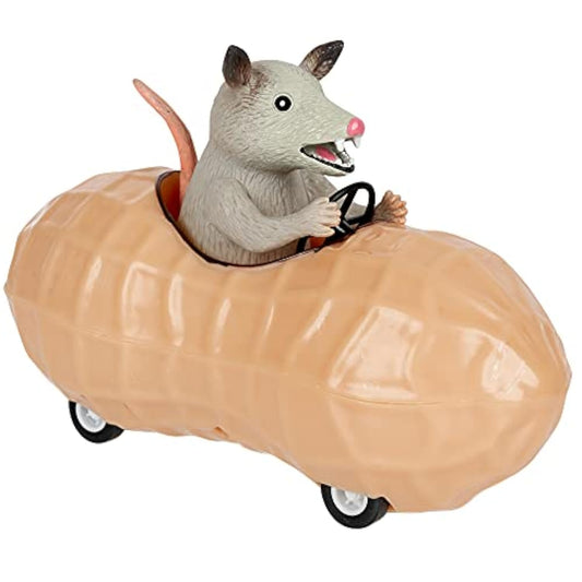 Archie McPhee possum in a peanut pull-back toy car, illustrated box, ideal gift.