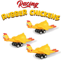 Archie McPhee Racing Chickens in motion, ready to zoom across the table.